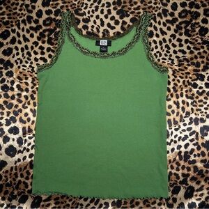 Y2K Studio 1940 Green Tank with Brown Lace Trim